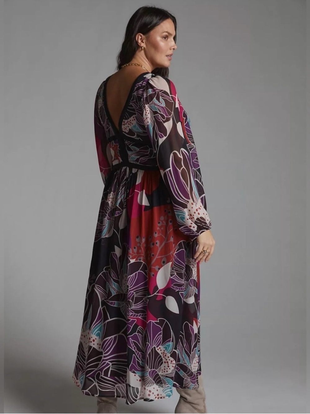Anthropologie Black Floral Maxi Dress with Purple & Red Accents - Picture 2 of 7